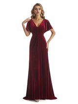 Elegant Sheath Velvet Flutter Sleeves V-neck Winter Long Formal Evening Dresses