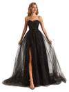 Sexy Side Slit Black Spaghetti straps Lace Formal Prom Dresses Online