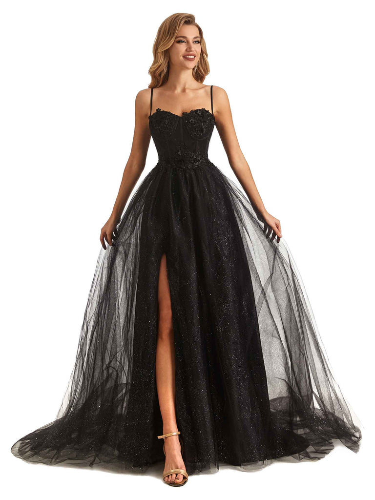 Sexy Side Slit Black Spaghetti straps Lace Formal Prom Dresses Online ...
