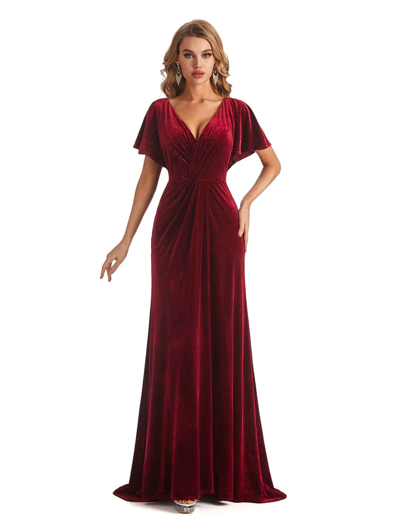 Elegant Sheath Velvet Short Sleeves V-neck Long Wedding Guest Dresses- ChicSew Elegant Sheath Velvet Short Sleeves V-neck Long Wedding Guest Dresses- ChicSew