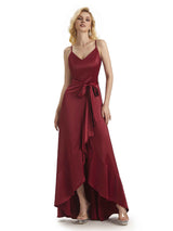 Elegant High Low V-neck Satin Formal Evening Dresses For Women Online
