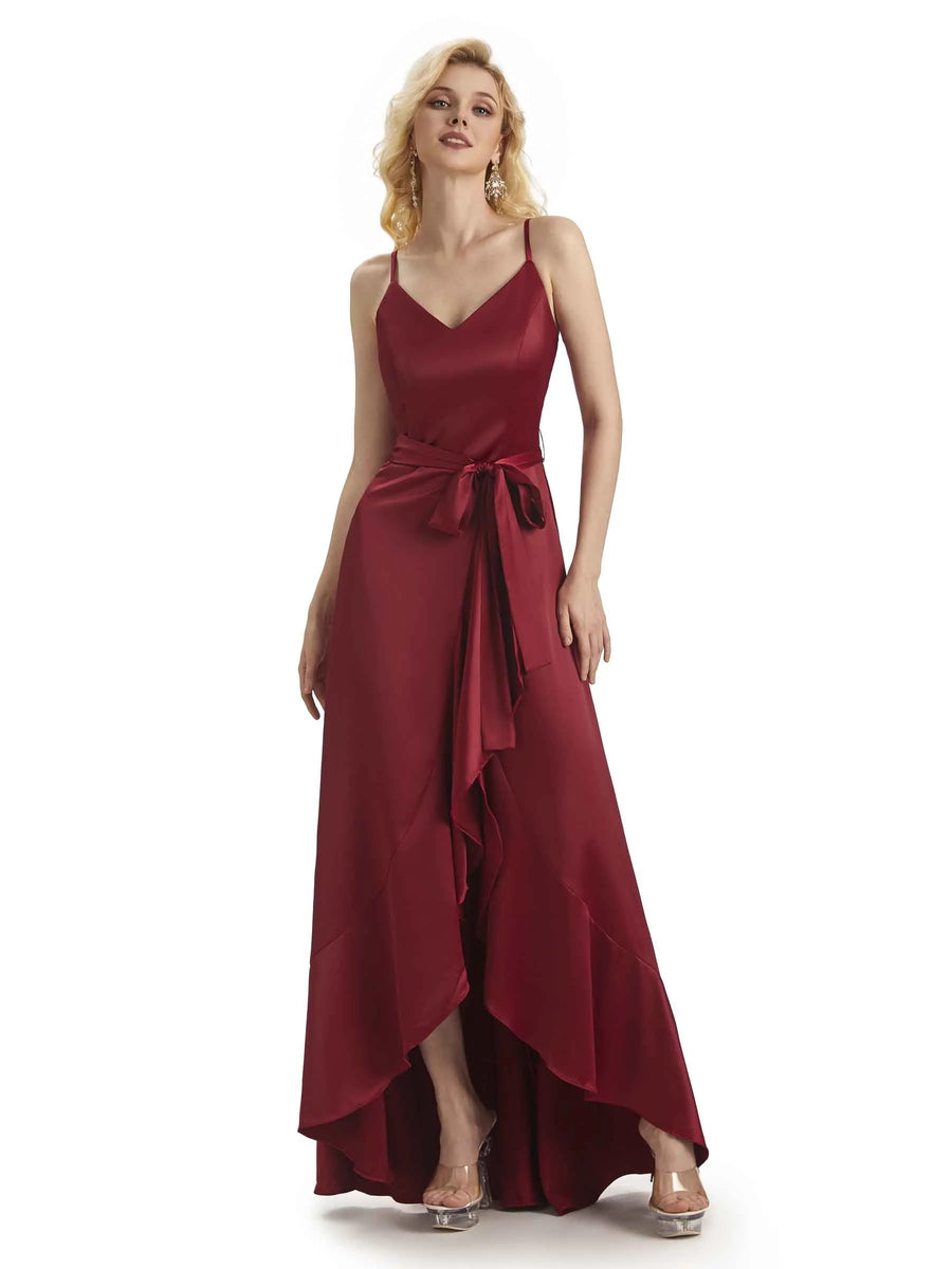 Elegant Spaghetti Straps V-neck Asymmetrical Satin High Low Prom Dresses
