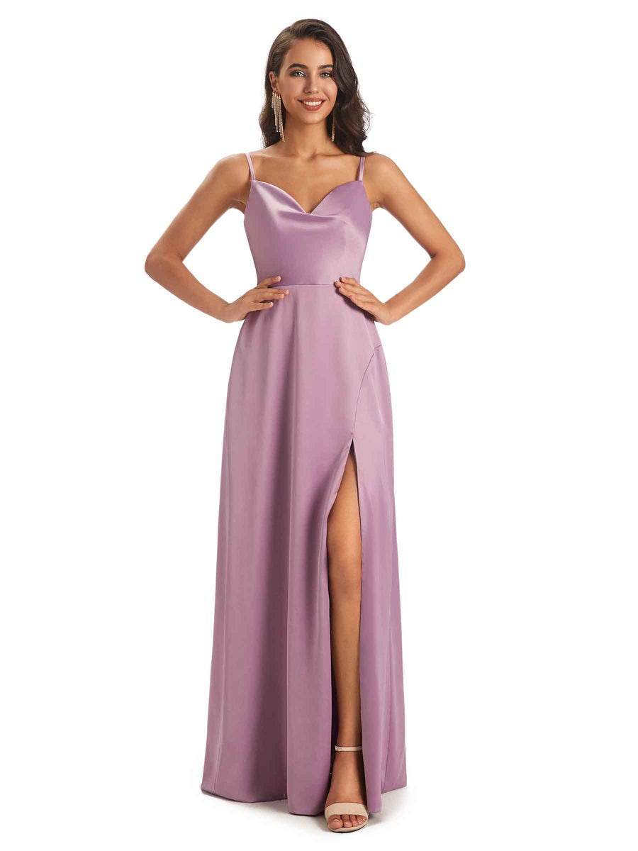 Sexy Soft Satin Side Slit Spaghetti straps Long Mermaid Bridesmaid Dresses