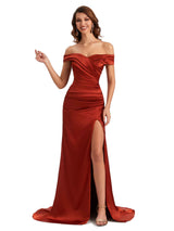 Sexy Mermaid Side Slit Off The Shoulder Silky Satin Unique Long Bridesmaid Dress Online