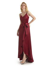 Elegant High Low V-neck Satin Formal Evening Dresses For Women Online