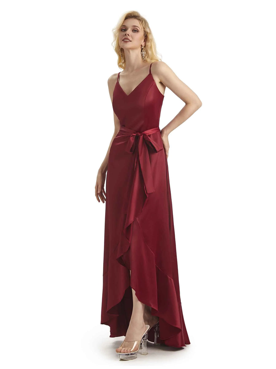 Elegant Spaghetti Straps V-neck Asymmetrical Satin High Low Prom Dresses