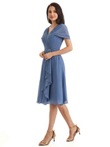 Elegant A-line Chiffon Cap Sleeves V-neck Short Mother of The Bride Dresses
