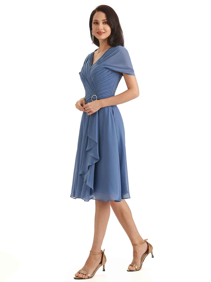 Elegant A-line Chiffon Cap Sleeves V-neck Short Mother of The Bride Dresses