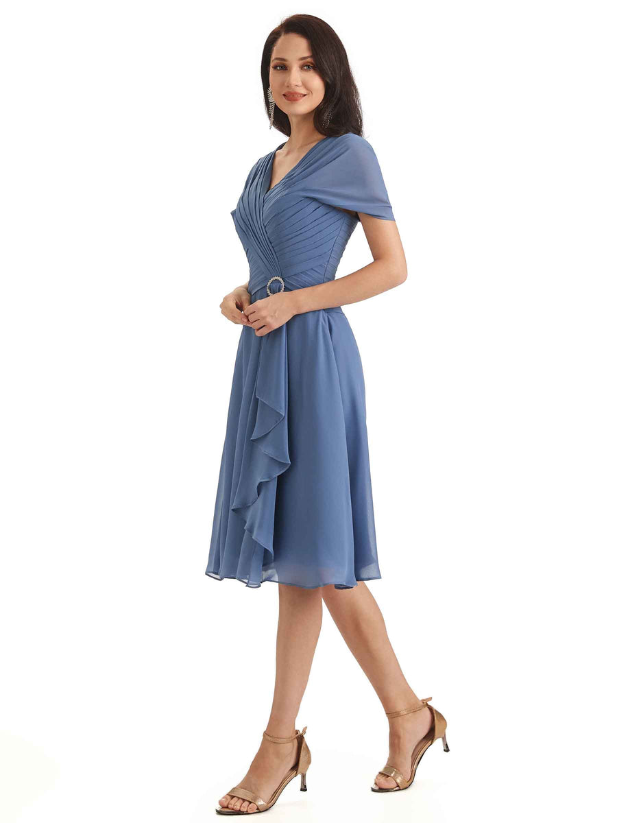 Elegant A-line Chiffon Cap Sleeves V-neck Short Mother of The Bride Dresses