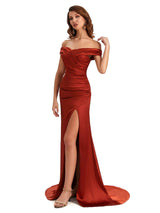 Sexy Mermaid Side Slit Off The Shoulder Silky Satin Unique Long Bridesmaid Dress Online