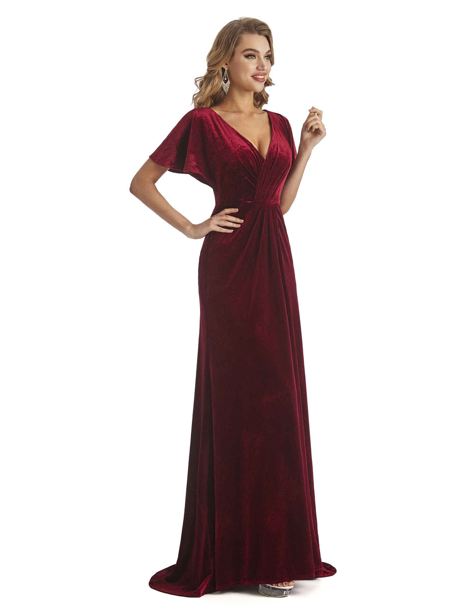 Elegant Sheath Velvet Short Sleeves V-neck Long Bridesmaid Dresses Online
