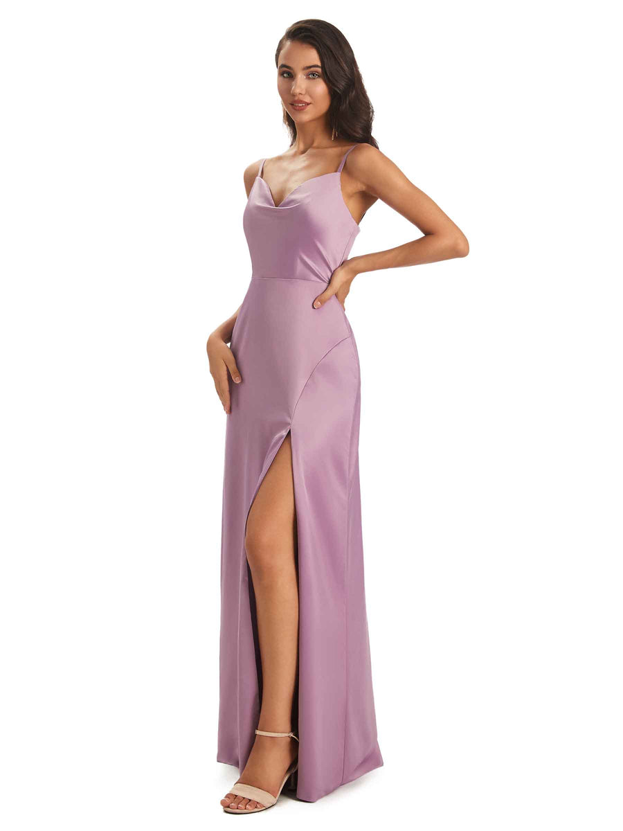 Sexy Soft Satin Side Slit Spaghetti straps Long Mermaid Bridesmaid Dresses