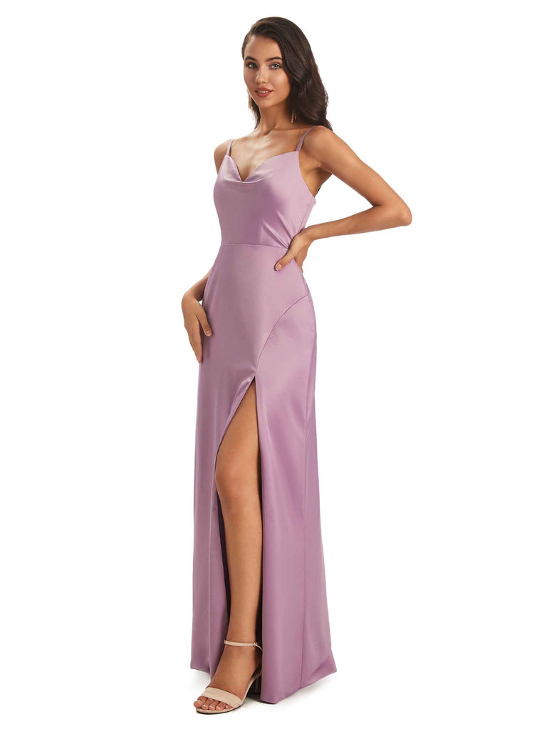 Sexy Soft Satin Side Slit Spaghetti straps Floor-Length Long Mermaid Bridesmaid Dresses