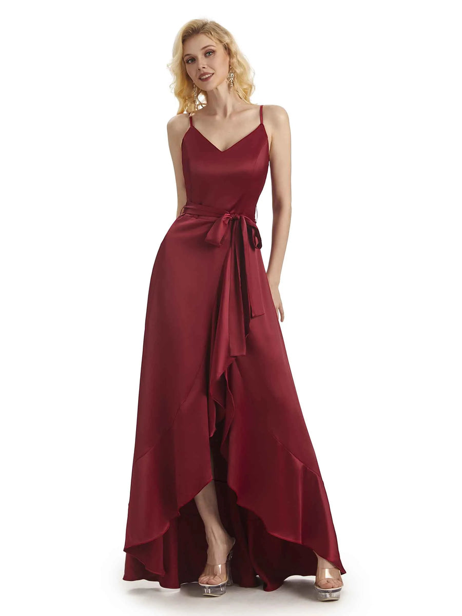 Elegant Spaghetti Straps V-neck Asymmetrical Satin High Low Prom Dresses