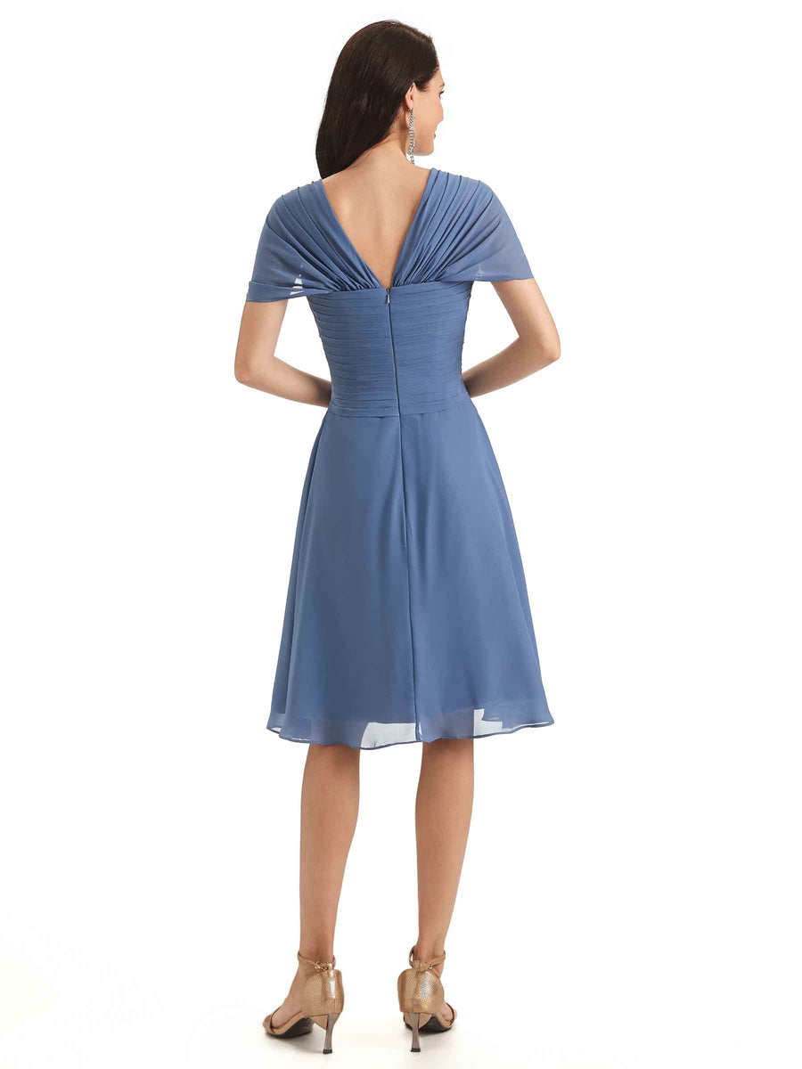 Elegant A-line Chiffon Cap Sleeves V-neck Short Mother of The Bride Dresses