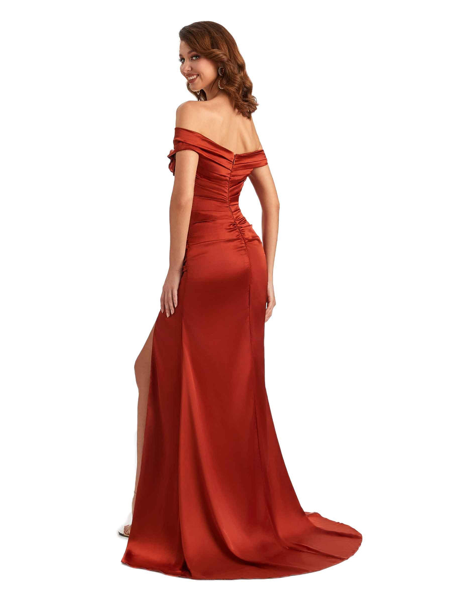 Sexy Mermaid Side Slit Off The Shoulder Silky Satin Unique Long Bridesmaid Dress Online