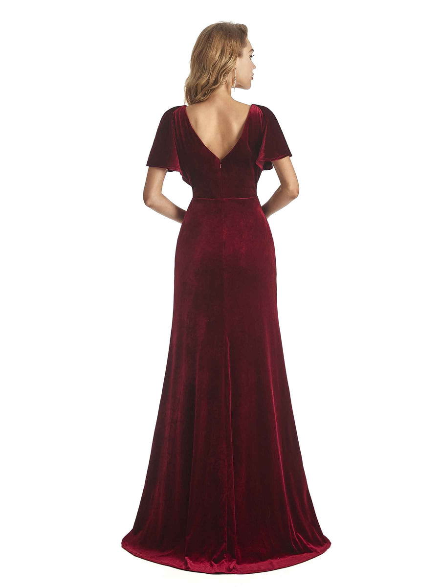 Elegant Sheath Velvet Short Sleeves V-neck Long Bridesmaid Dresses Online