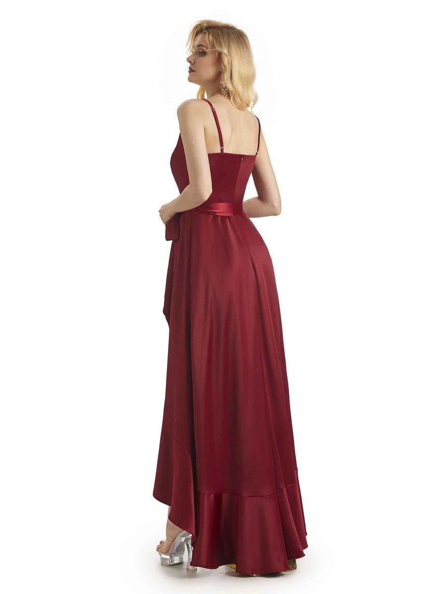Elegant Spaghetti Straps V-neck Asymmetrical Satin High Low Prom Dresses