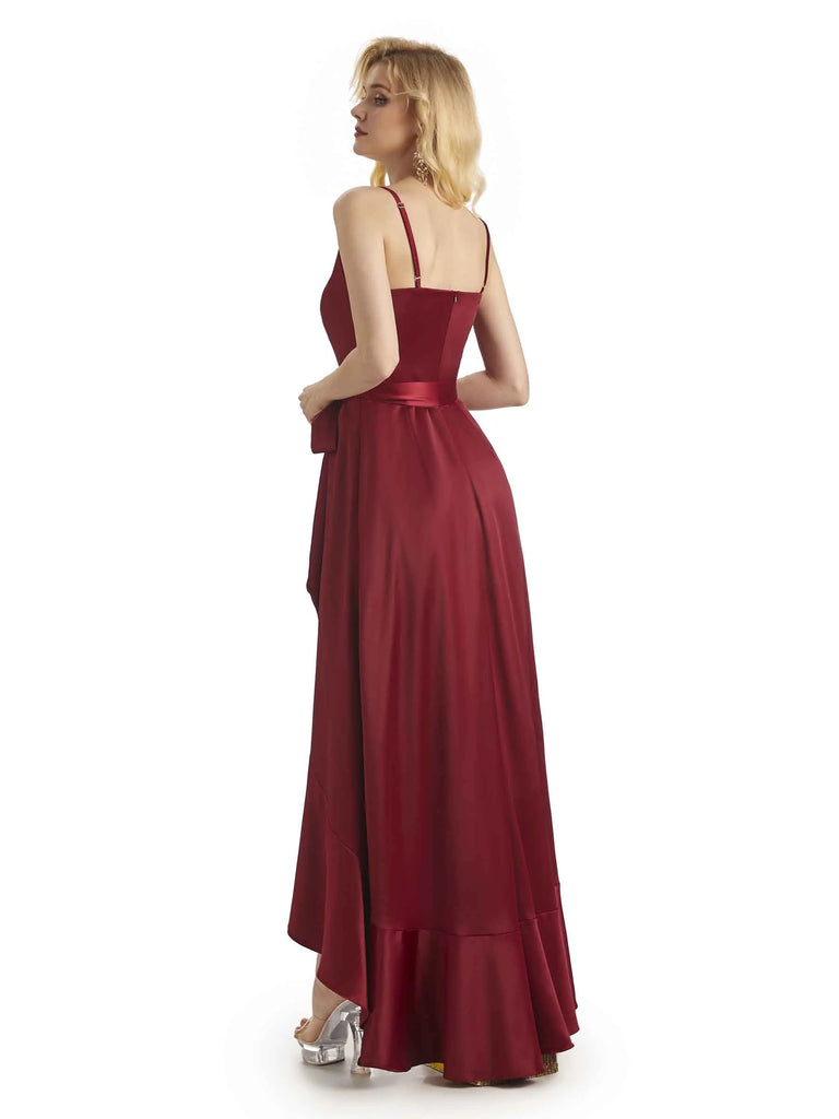 Elegant Spaghetti Straps V-neck Asymmetrical Satin High Low Prom Dresses
