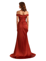 Sexy Mermaid Side Slit Off The Shoulder Silky Satin Unique Long Bridesmaid Dress Online