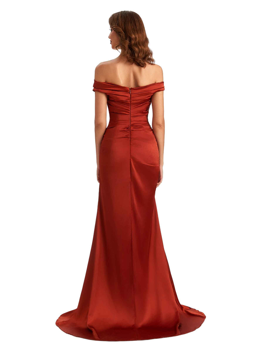 Sexy Mermaid Side Slit Off The Shoulder Silky Satin Unique Long Bridesmaid Dress Online