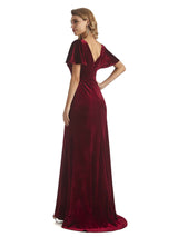 Elegant Sheath Velvet Flutter Sleeves V-neck Winter Long Formal Evening Dresses