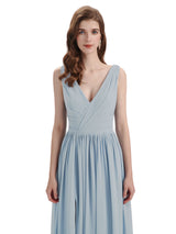 A-Line V-Neck Sleeveless Split Side Chiffon Long Bridesmaid Dresses