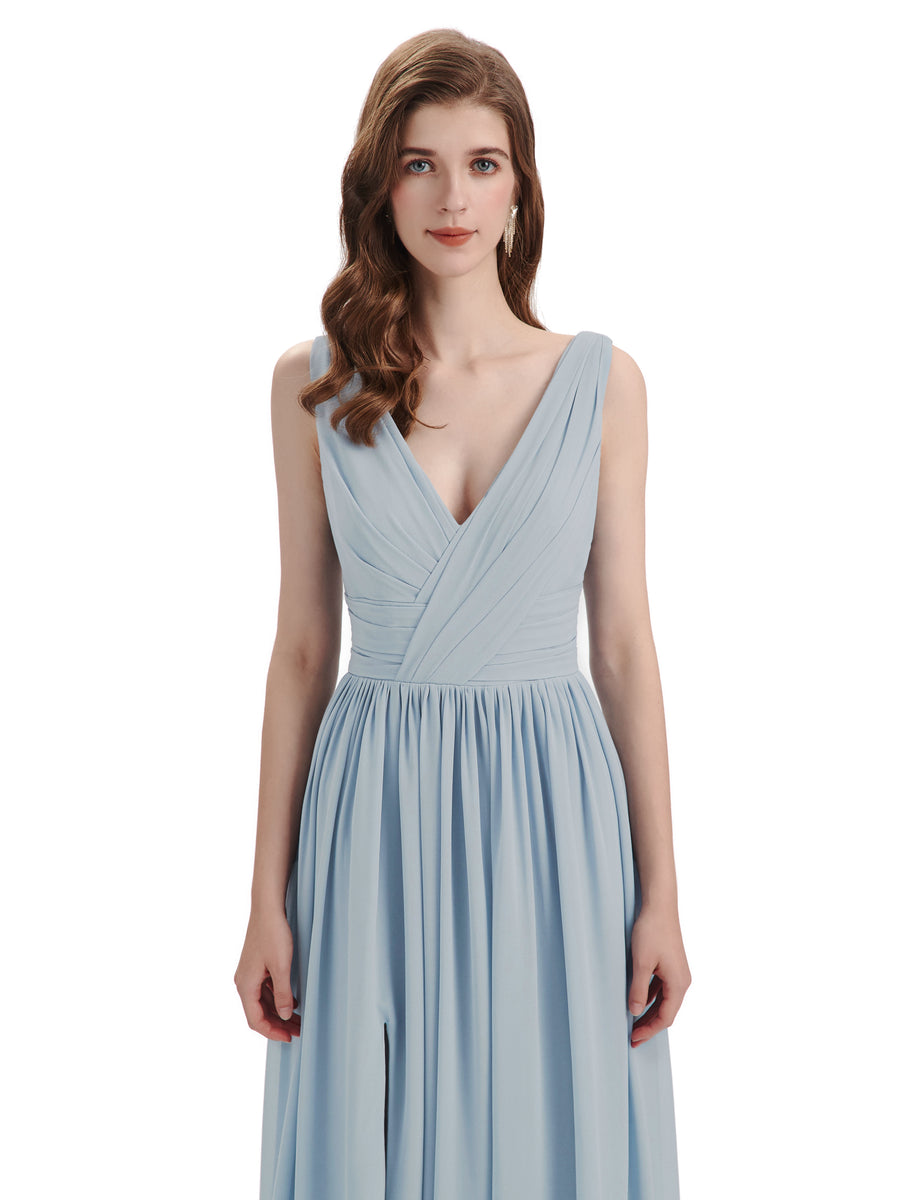 A-Line V-Neck Sleeveless Split Side Chiffon Long Bridesmaid Dresses