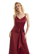 Elegant High Low V-neck Satin Formal Evening Dresses For Women Online