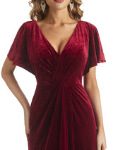 Elegant Sheath Velvet Flutter Sleeves V-neck Winter Long Formal Evening Dresses