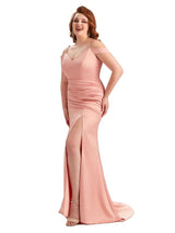 Plus Size Sexy Side Slit Mermaid Cold Shoulder Soft Satin Long Bridesmaid Dresses Online