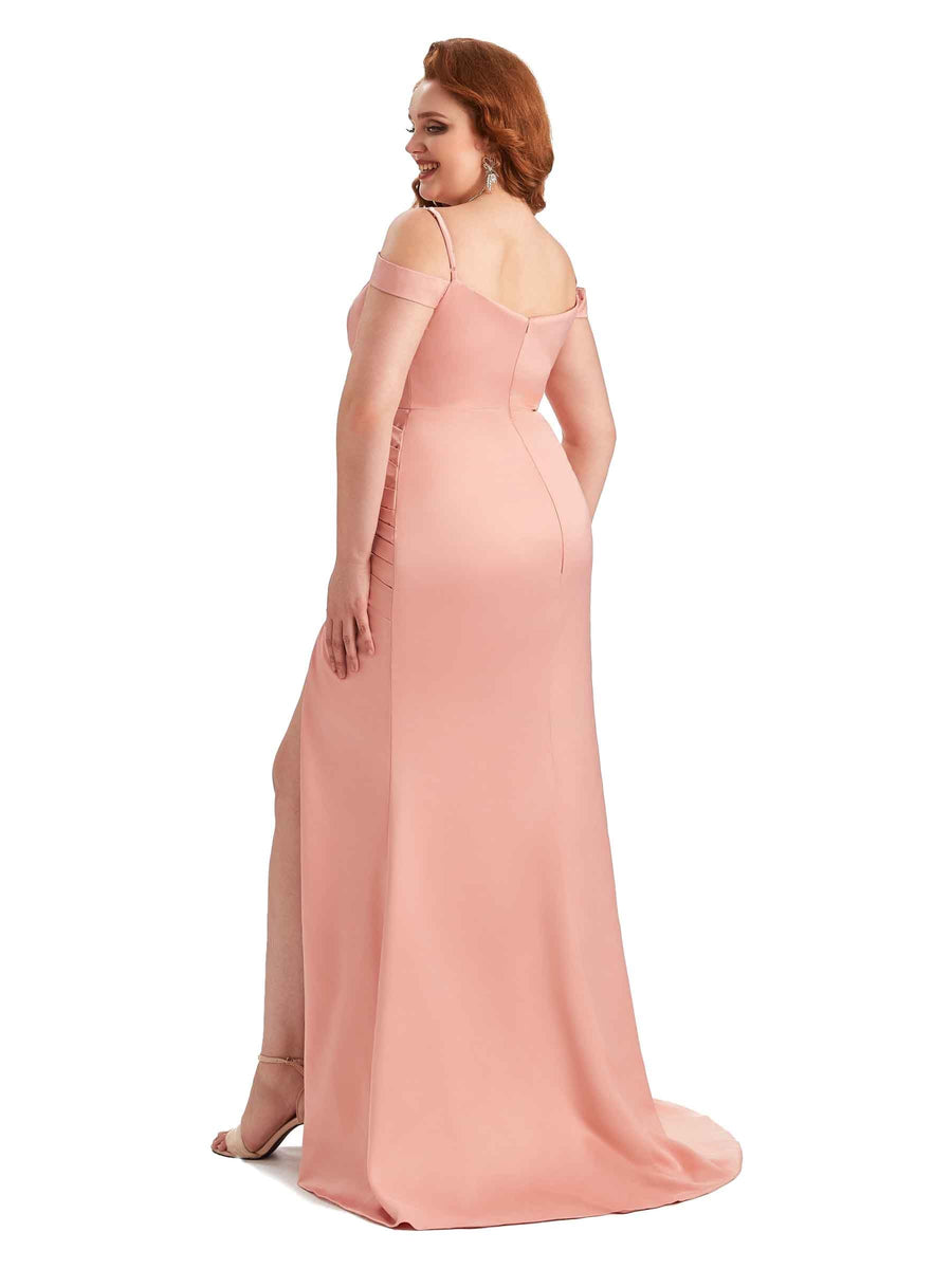 Plus Size Sexy Side Slit Mermaid Cold Shoulder Soft Satin Long Bridesmaid Dresses Online