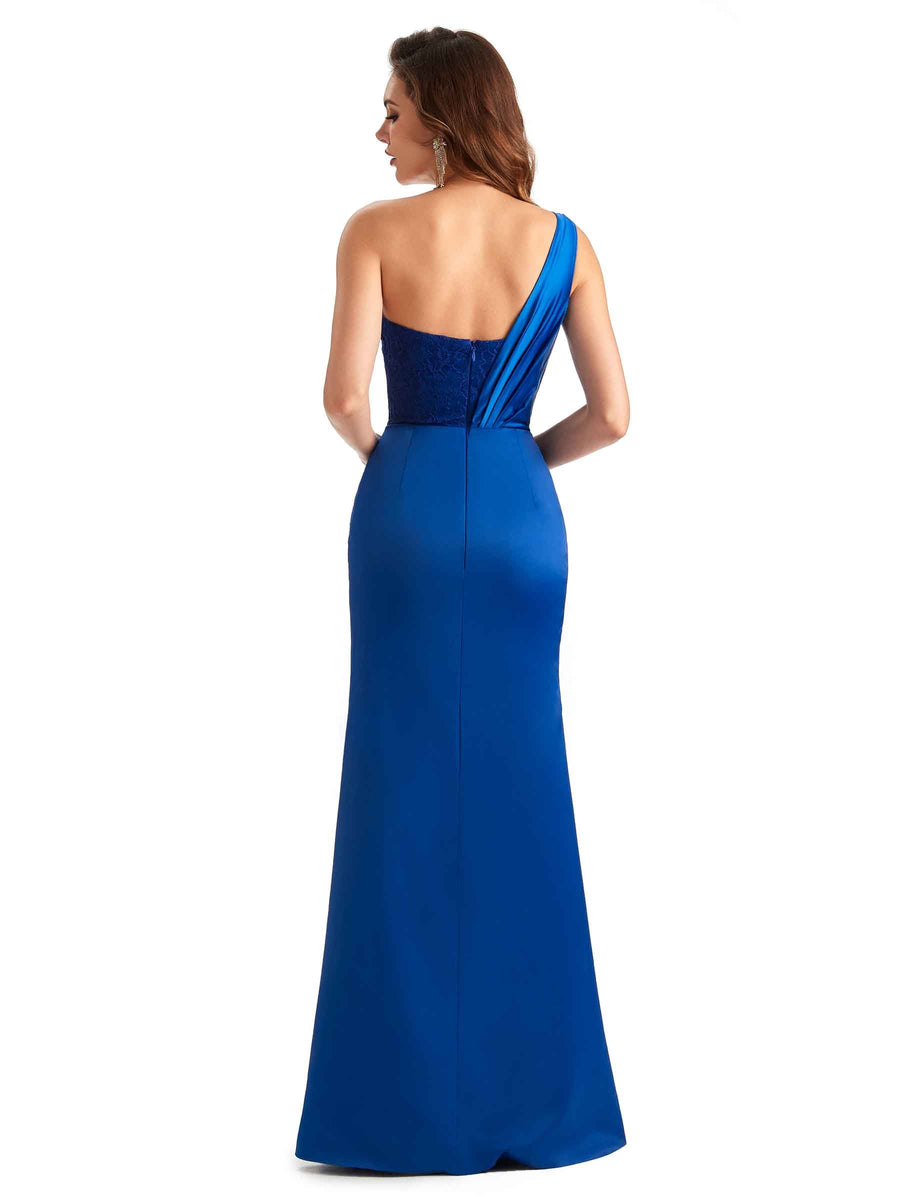 Sexy One Shoulder Side Slit Lace Mermaid Silky Satin Chic Long Maxi Dress For Wedding