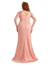 Plus Size Sexy Side Slit Mermaid Cold Shoulder Soft Satin Long Bridesmaid Dresses Online