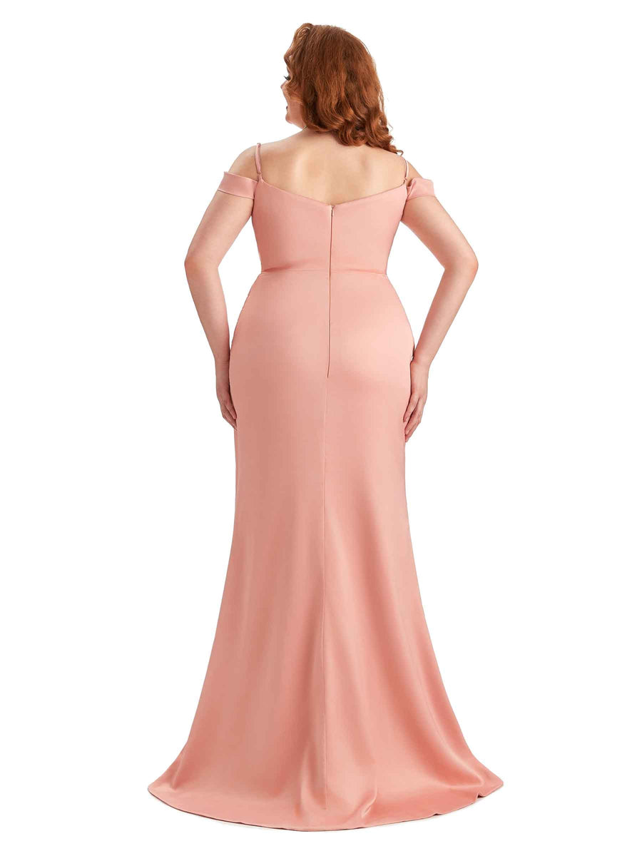 Plus Size Sexy Side Slit Mermaid Cold Shoulder Soft Satin Long Bridesmaid Dresses Online
