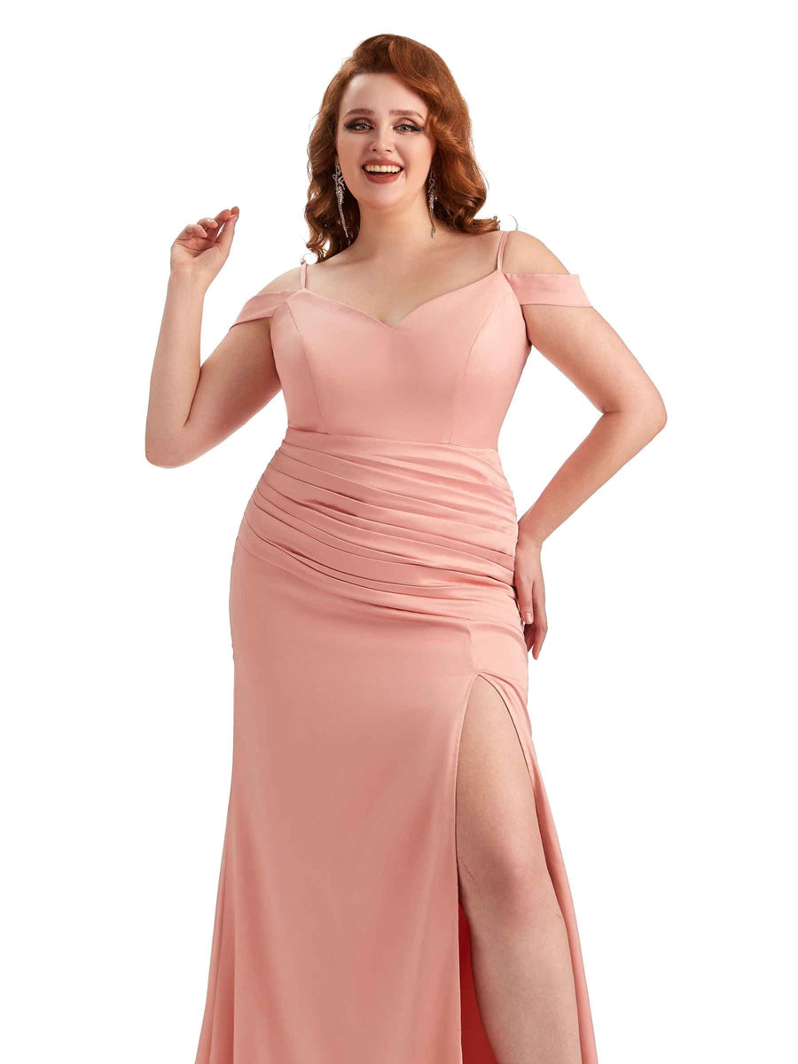 Plus Size Sexy Side Slit Mermaid Cold Shoulder Soft Satin Long Bridesmaid Dresses Online