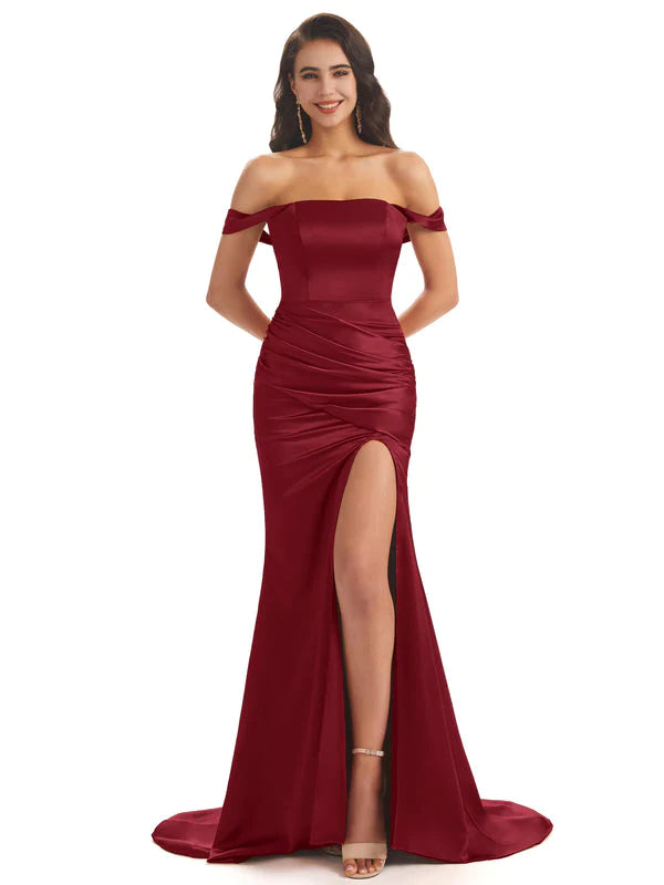 Burgundy Sexy Chic Silky Mismatched Side Slit Mermaid Satin Bridesmaid Dresses Sale