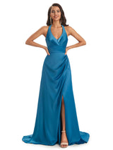 Sexy Satin Side Slit Halter A-line Long Prom Dresses Online
