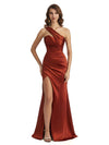 One Shoulder Side Slit Mermaid Silky Satin Chic Long Maid of Honor Gown