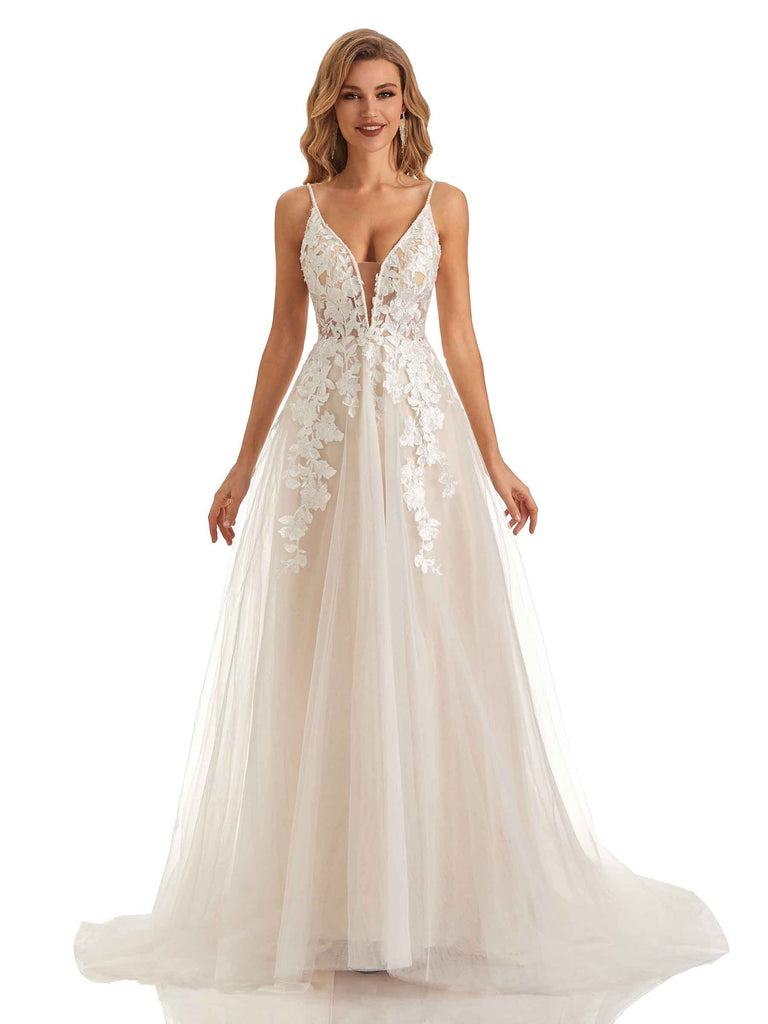 Elegant Spaghetti Straps Lace Applique A-line Wedding Dresses Online