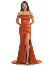 Sexy Soft Satin Off Shoulder Maxi Long Mermaid Prom Dresses With Slit