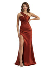 One Shoulder Side Slit Mermaid Silky Satin Chic Long Maid of Honor Gown