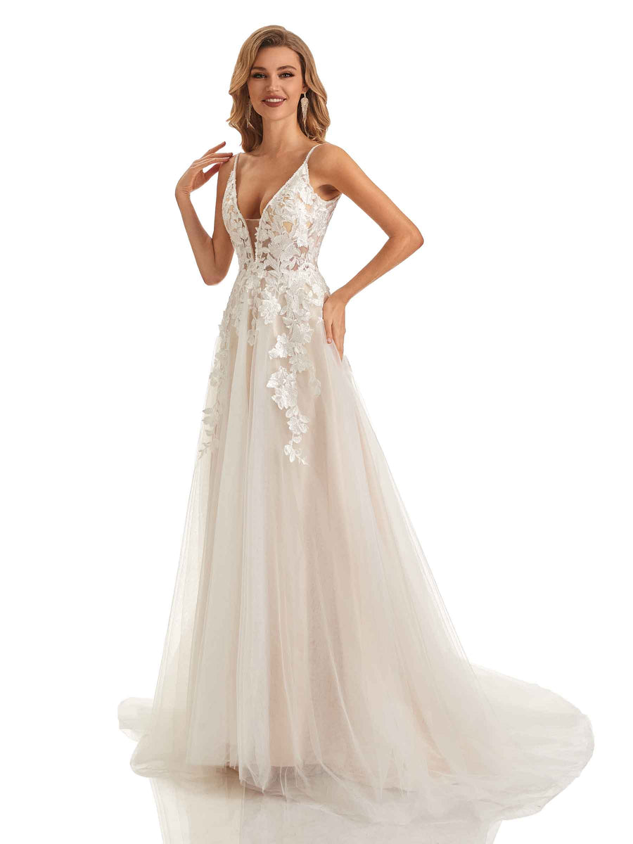 Elegant Spaghetti Straps Lace Applique A-line Wedding Dresses Online
