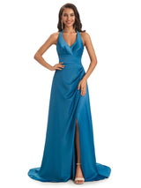 Sexy Soft Satin Side Slit Halter Floor-Length Long Bridesmaid Dresses Online