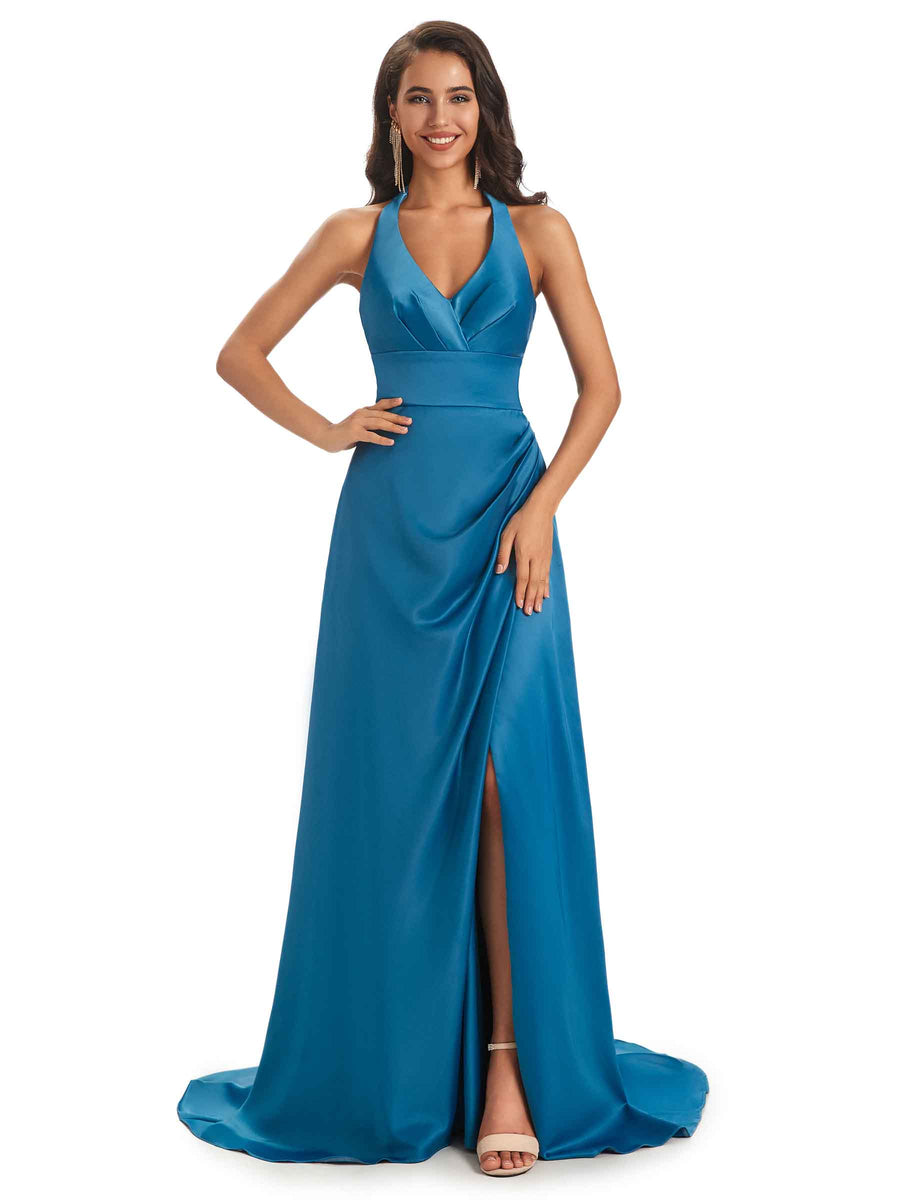 Sexy Soft Satin Side Slit Halter Floor-Length Long Bridesmaid Dresses Online