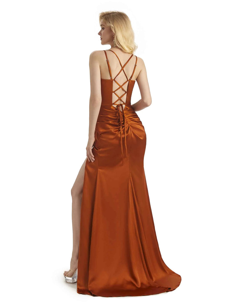 Elegant Spaghetti Straps V Neck Side Slit Soft Satin Long Mermaid Party Prom Dresses
