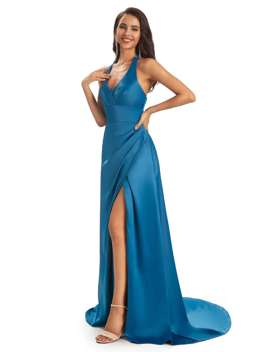 Sexy Soft Satin Side Slit Halter Floor-Length Long Bridesmaid Dresses Online