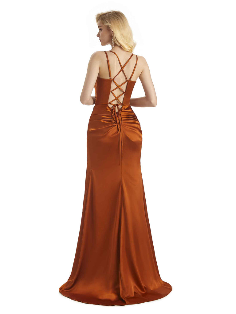Elegant Spaghetti Straps V Neck Side Slit Soft Satin Long Mermaid Bridesmaid Dresses Sale