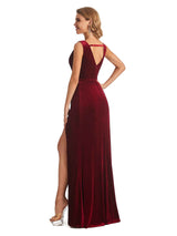 Elegant Ruffles Velvet V-neck  Long Evening Formal Dresses Side Slit