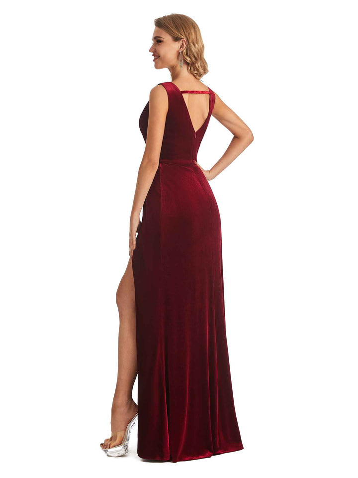 Elegant Ruffles Velvet V-neck  Long Evening Formal Dresses Side Slit